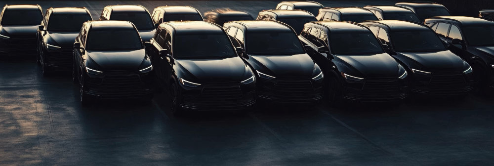 Fuhrpark mit schwarzen Firmenfahrzeugen und aufgedrehten Schweinwerfern Dämmerung