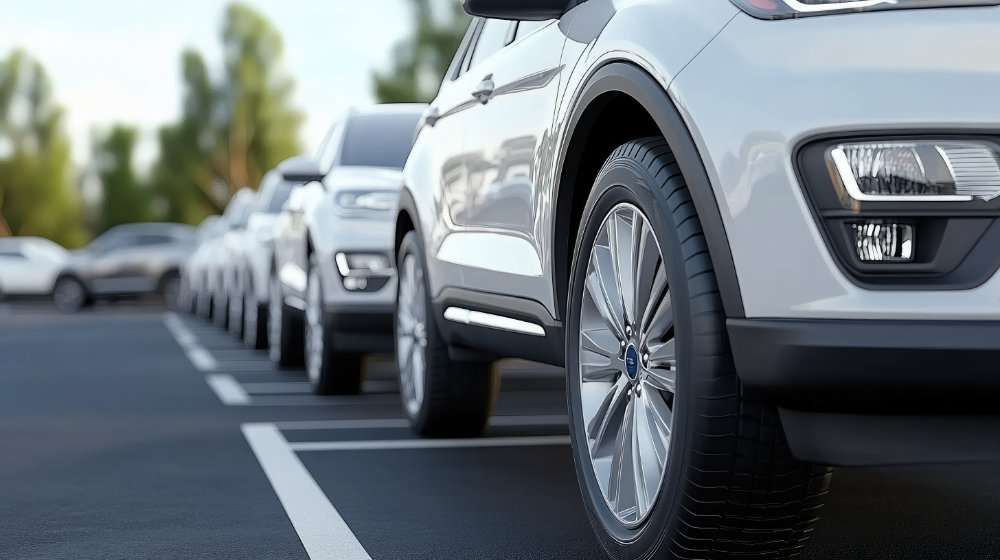 Bild mit weißen, parkenden Fuhrpark-Fahrzeugen