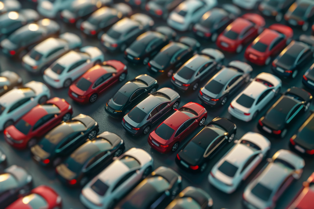 Detaillierte Ansicht der vielfältigen Auto-Leasing-Flotte mit verschiedenen Fahrzeugfarben und -modellen zum leasen